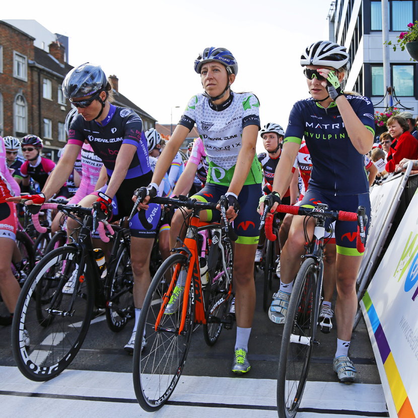Sarah Storey, Helen Wyman and Sigrid Jochems line up at the start of the Tour Series race in Woking, 2014: no time for self-doubt. 
