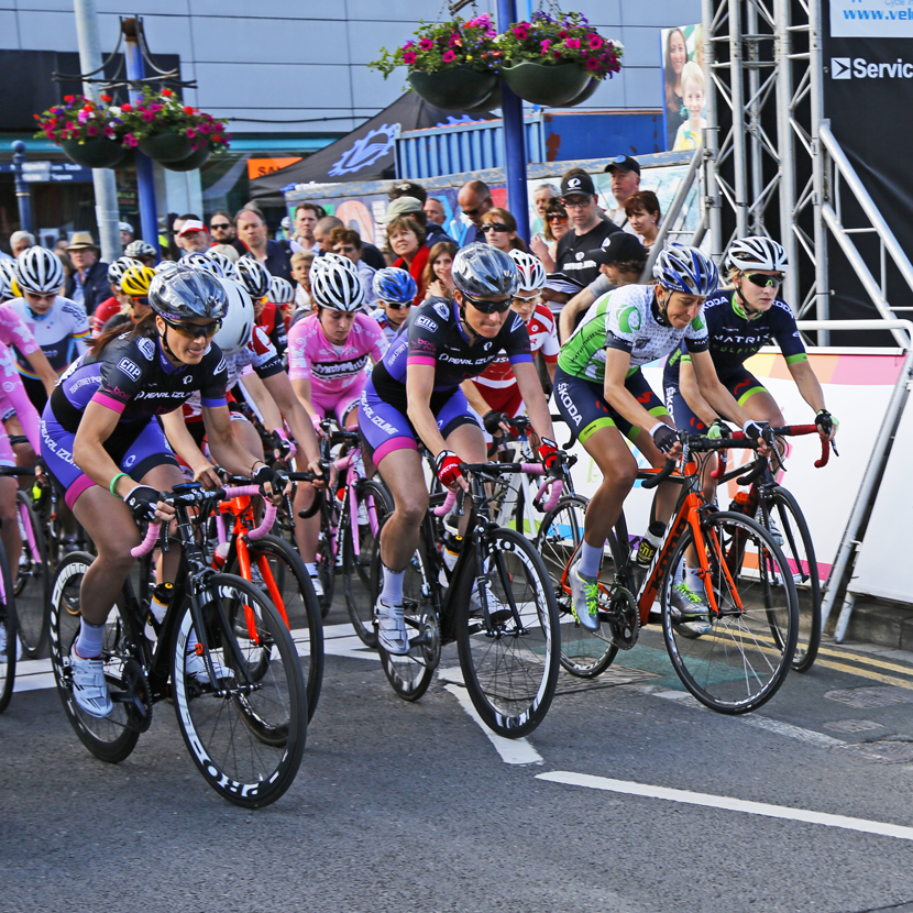 Dame Sarah Storey (centre) crosses the start line on the Tour Series.