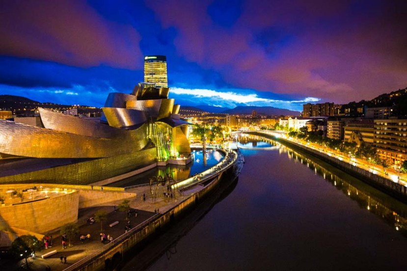 The Guggenheim in Bilbao at night.